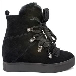 J/Slides Black Suede Fur Wedge Boots
